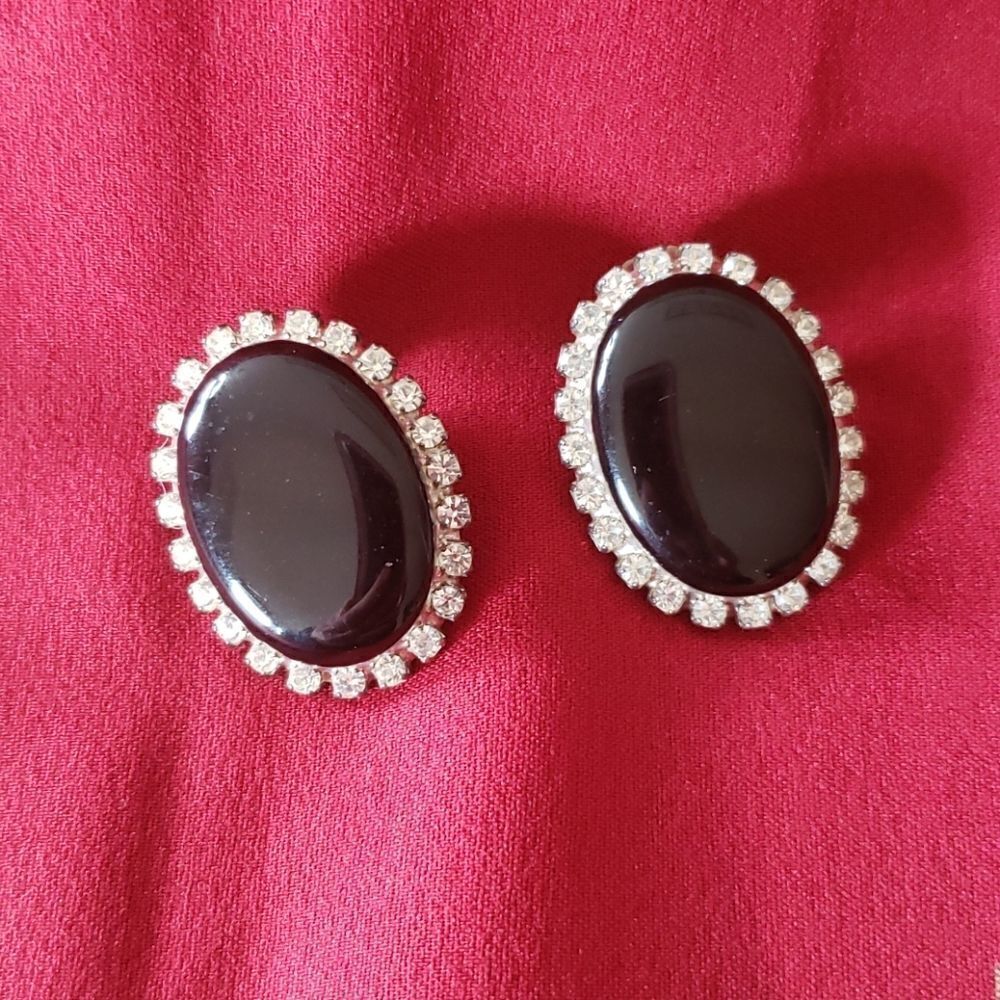 Sophisticated Black Stone & White Rhinestone Studded Earrings